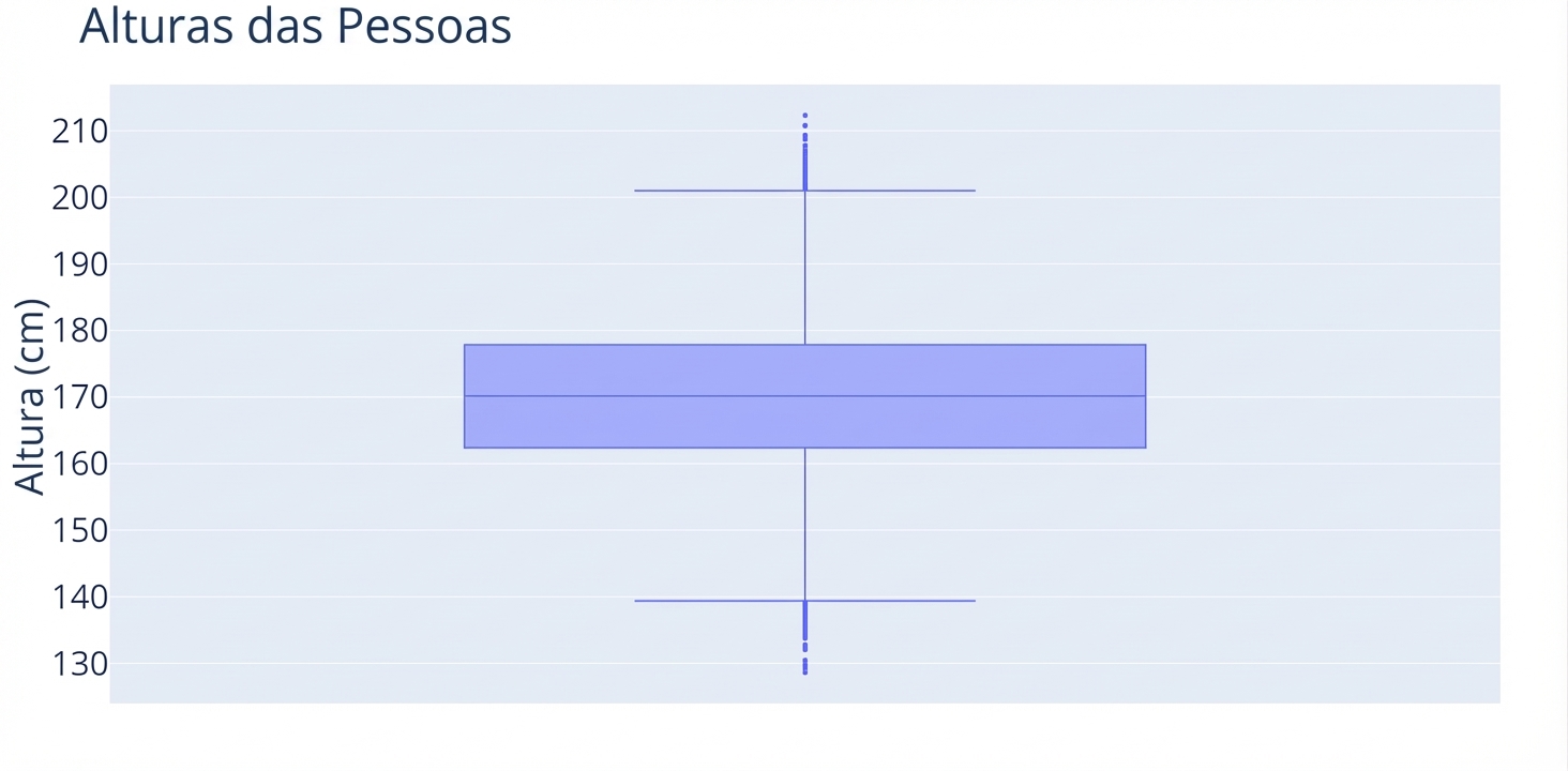 Um boxplot de alturas de pessoas. Alturas, em centímetros, no eixo y.