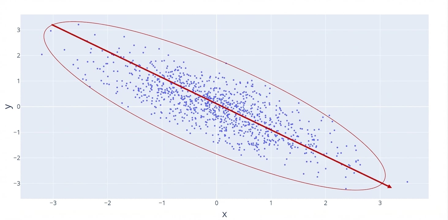 Um gráfico de dispersão com uma linha vermelha mostrando uma relação negativa decrescente. Um círculo vermelho destaca os pontos, bem agrupados.