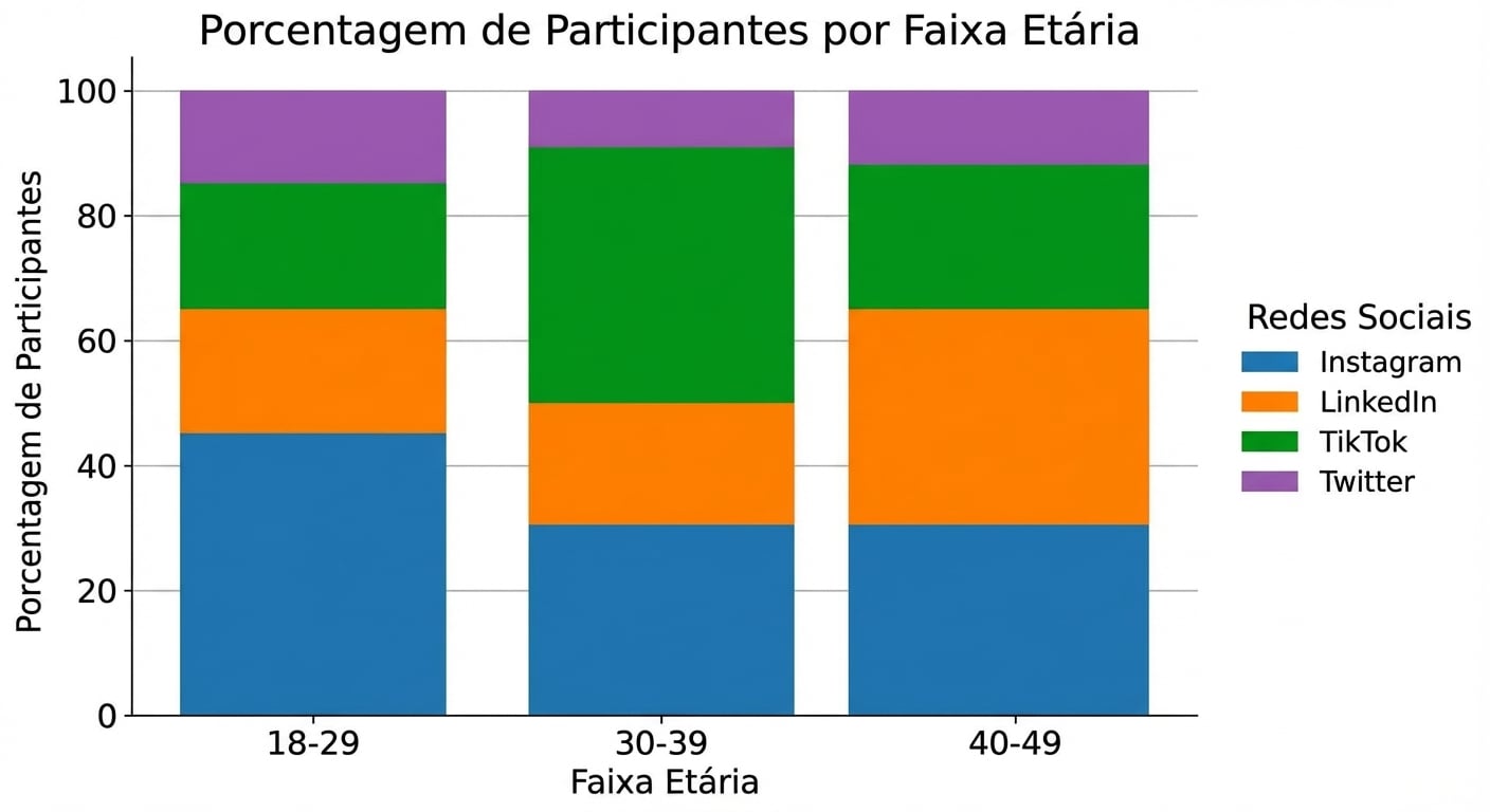 Um gráfico de barras empilhadas 100%. Três faixas etárias no eixo x: “18-29”, “30-39”, “40-49”. Porcentagem de participantes no eixo y. Cada barra é dividida pela porcentagem do grupo em quatro redes sociais — Instagram, LinkedIn, TikTok e Twitter.