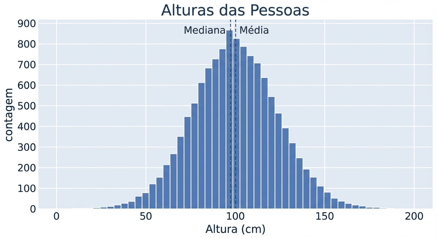 Um histograma de alturas de pessoas, com valores de altura no eixo x e número de observações no eixo y. Há grande concentração no centro e menos nas extremidades.