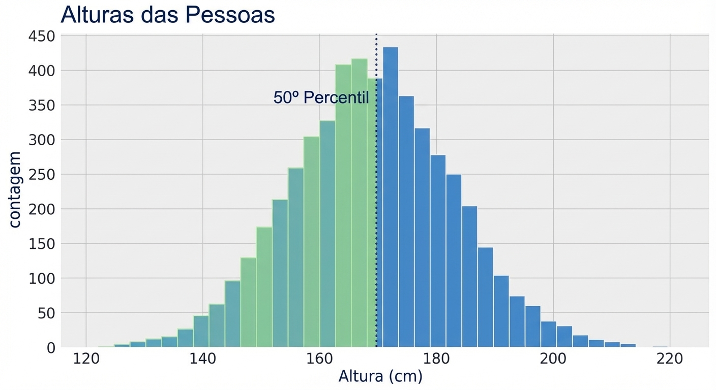 Um histograma de alturas de pessoas, com valores de altura no eixo x e número de observações no eixo y. Há uma área verde sombreada do centro para a esquerda representando o 50º percentil.