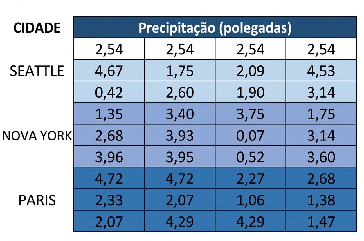 A mesma matriz 9 por 4, exceto que a linha de cima agora tem valores, representando imputar as células em branco com a mediana.