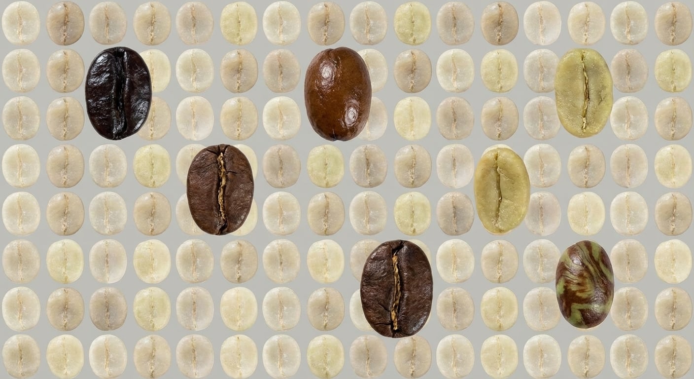 Grãos de café em linhas e colunas, a maioria em cinza.