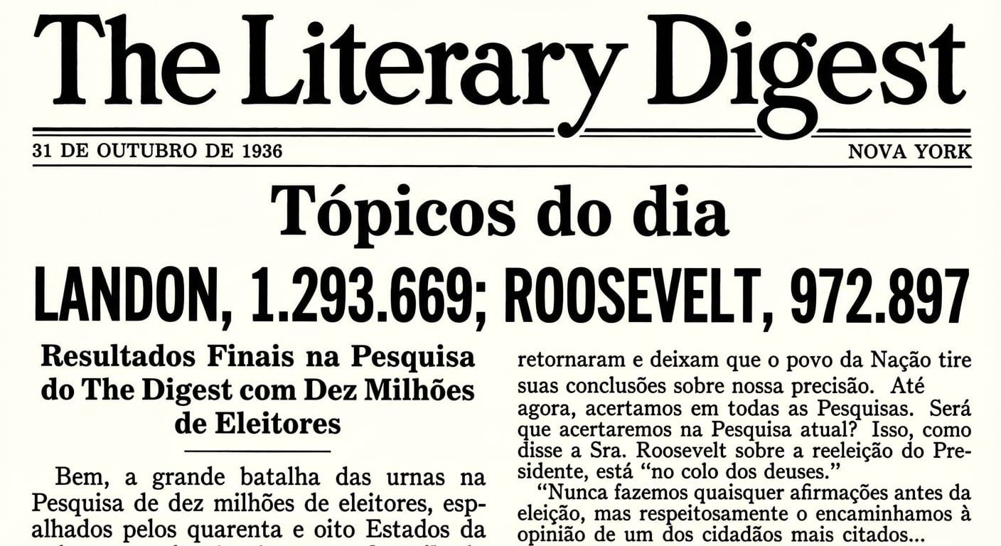 Primeira página do Literary Digest de 1936 com manchete de previsão da eleição. Esperava-se que Landon recebesse 1,3 milhão de votos e Roosevelt um pouco menos de 1 milhão.
