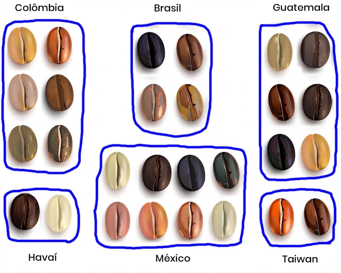 Grãos de café agrupados por país de origem.