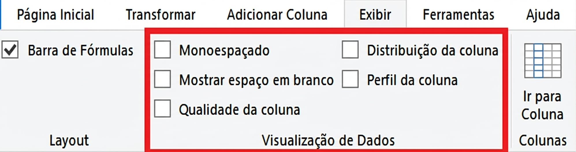Uma captura de tela do Power Query com a guia Exibição selecionada e destacando os recursos de visualização de dados