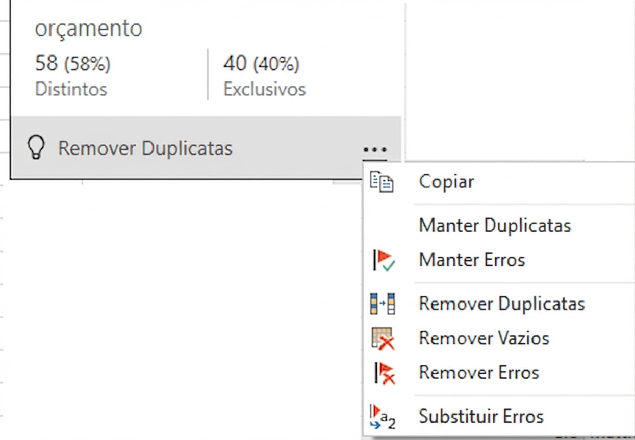 Uma captura de tela do menu contextual que aparece ao passar o mouse sobre o recurso de qualidade da coluna