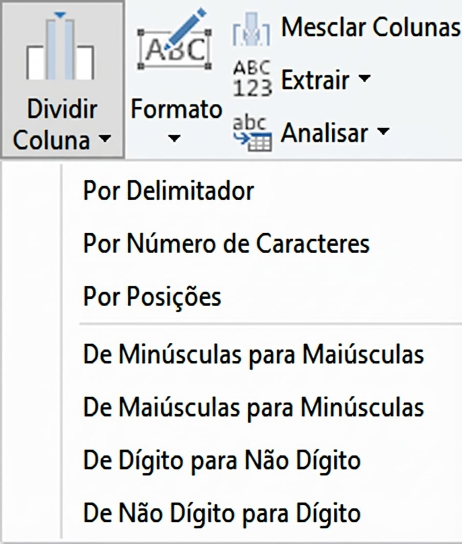 Uma captura do Power Query mostrando a transformação Dividir Coluna e suas opções