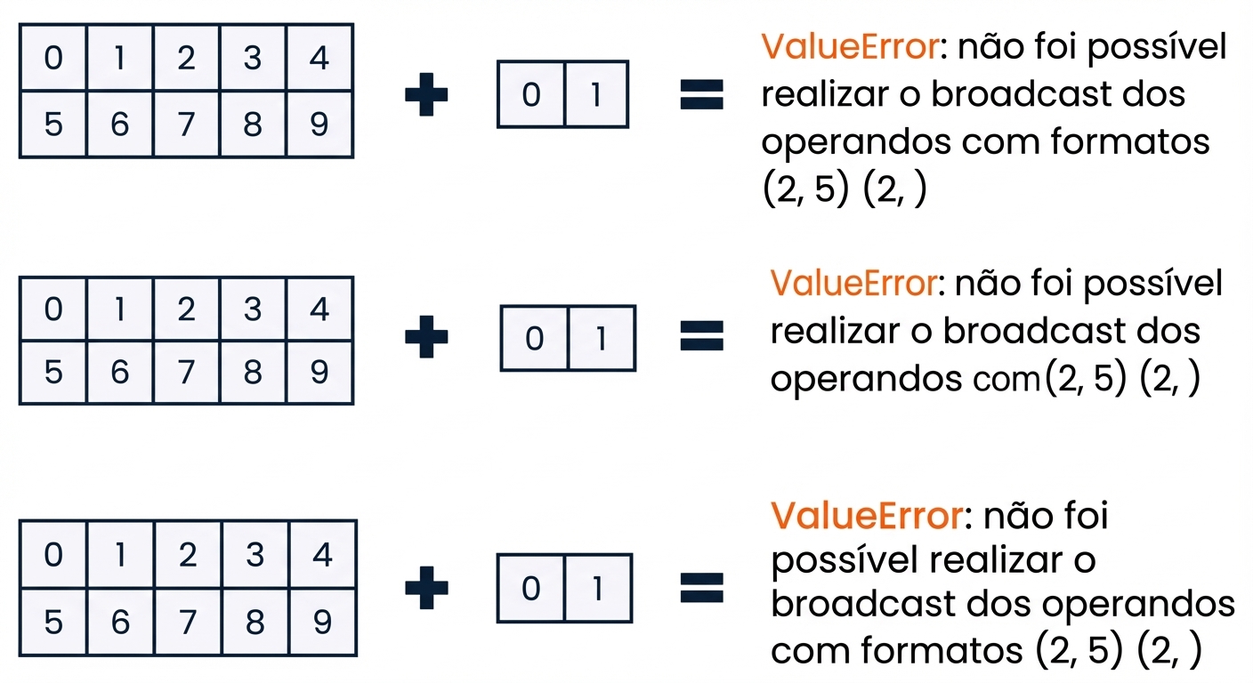 Gráfico mostrando que somar um array de shape (2, 5) a um de shape (2,) gera ValueError.