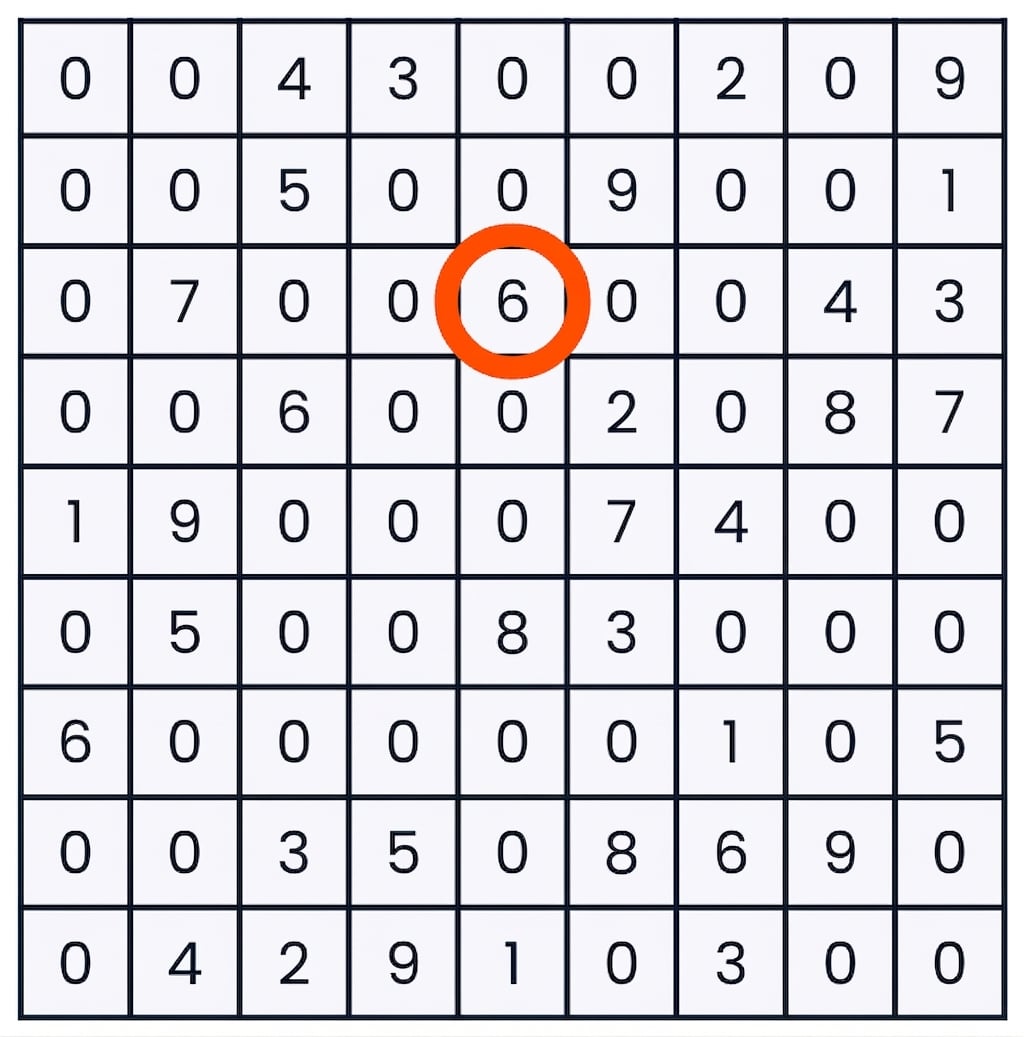 Um jogo de sudoku com um único número selecionado na terceira linha da quinta coluna