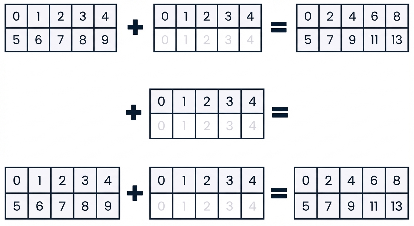 Um array de shape (2, 5) sendo somado a um array de shape (2, 5)