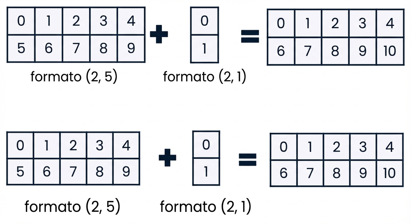 Gráfico mostrando um array de shape (2, 5) somado a um de shape (2, 1)