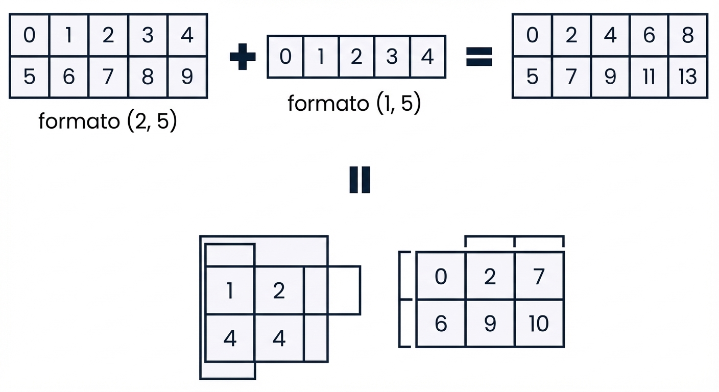 Um array de shape (2, 5) sendo somado a um array de shape (1, 5)
