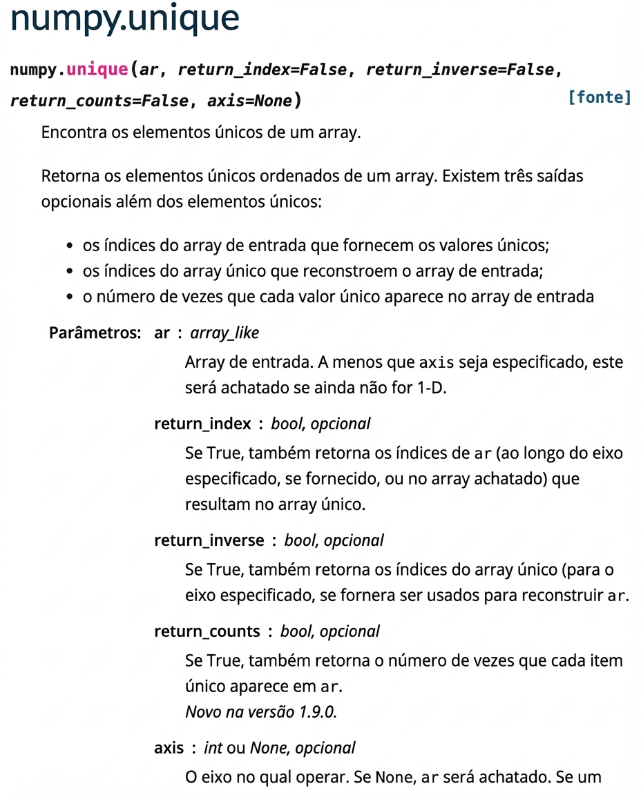 Uma captura da documentação do numpy.org para np.unique()