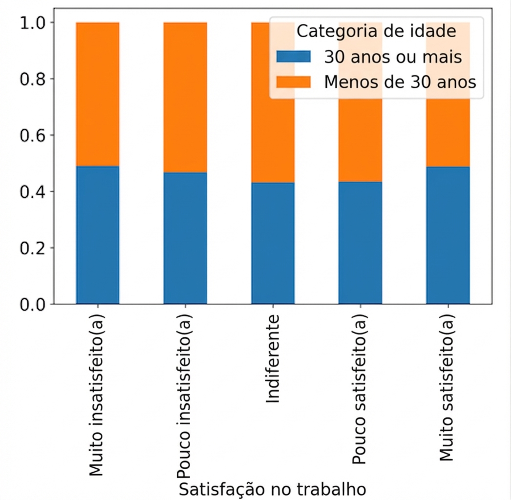 Gráfico de barras empilhadas proporcionais de satisfação no trabalho preenchido por faixa etária