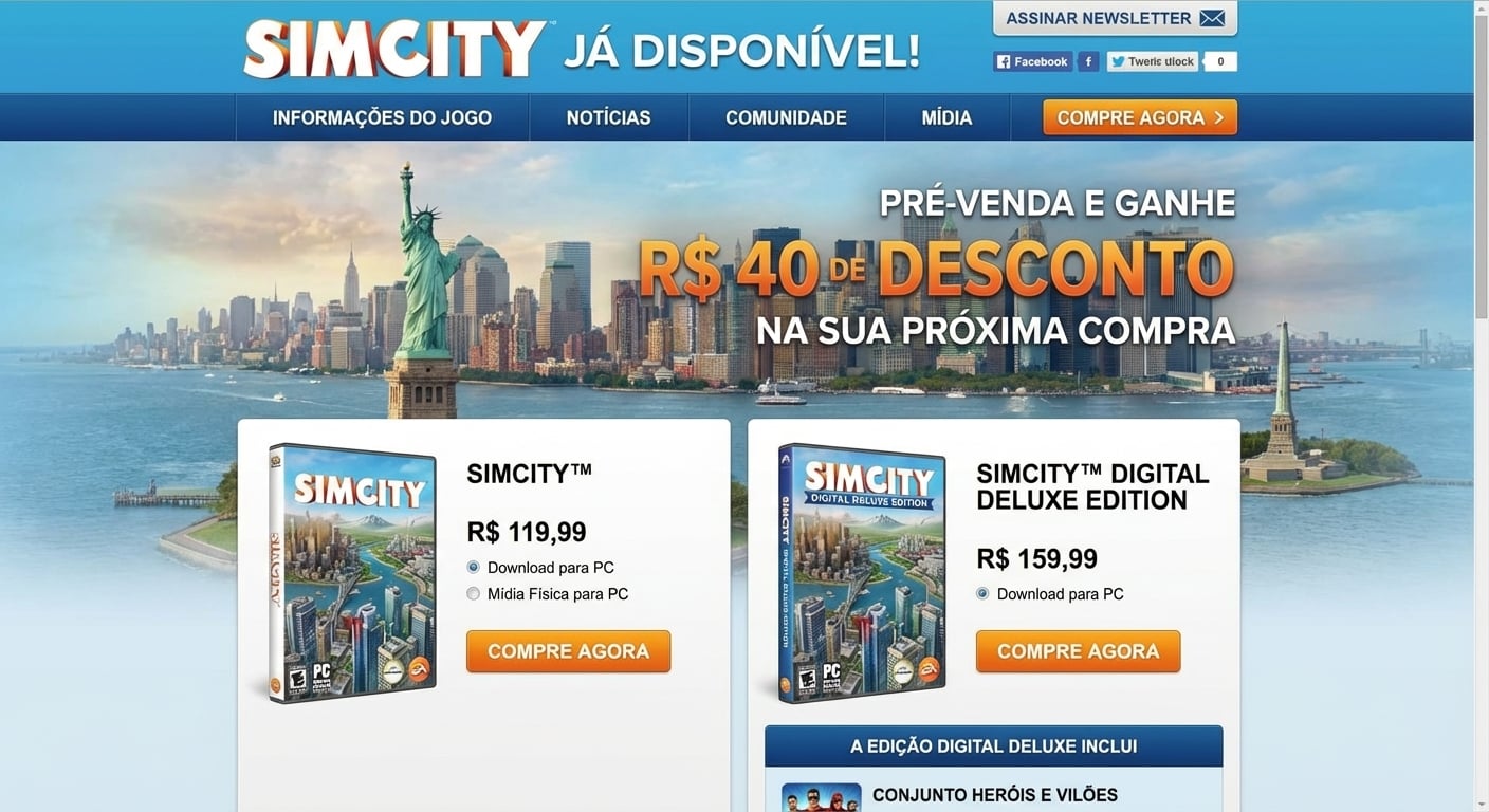 Página do SimCity com banner "faça a pré-venda e ganhe US$ 20 de desconto na próxima compra"