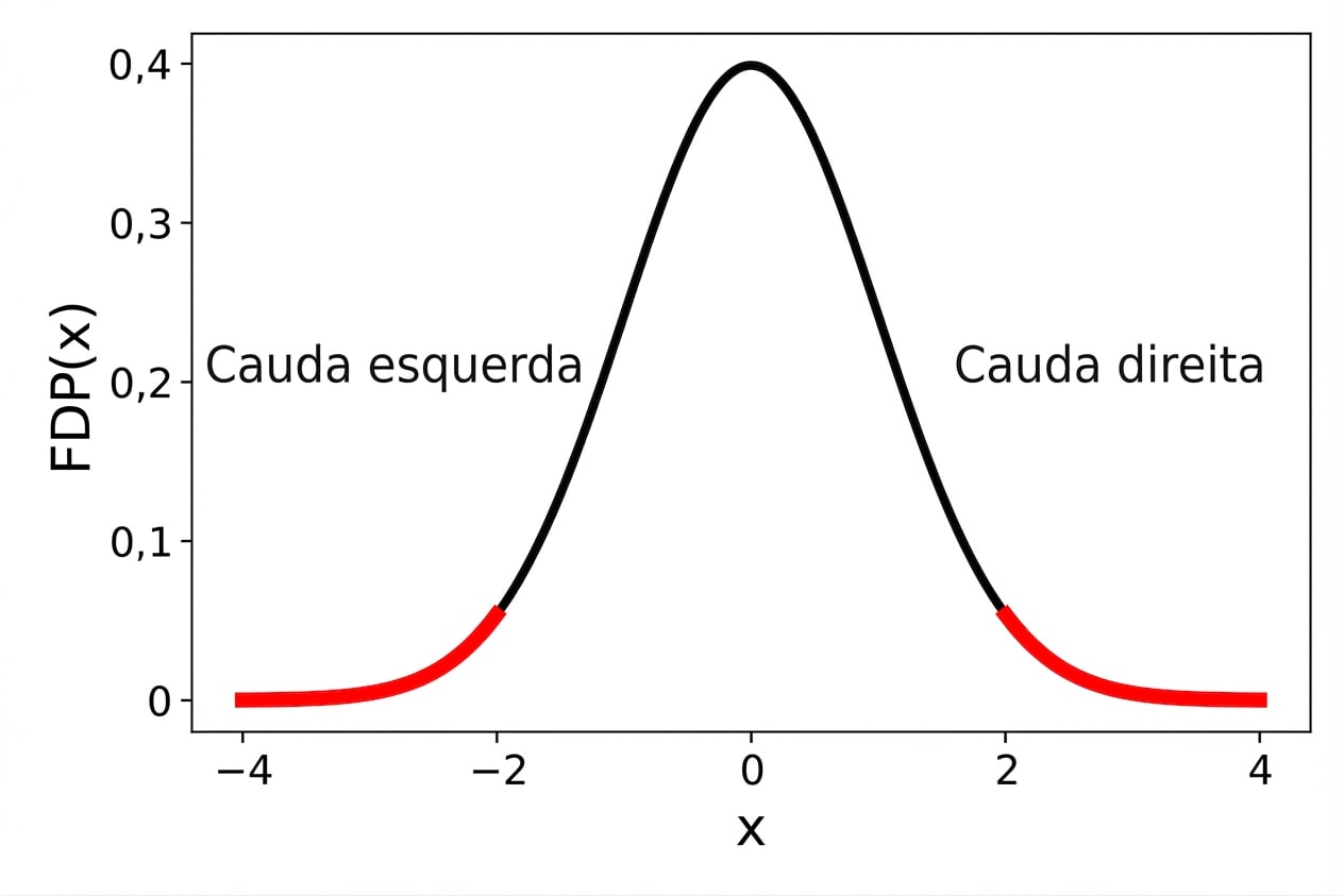 Gráfico de densidade da pdf normal padrão com as caudas esquerda e direita em vermelho.