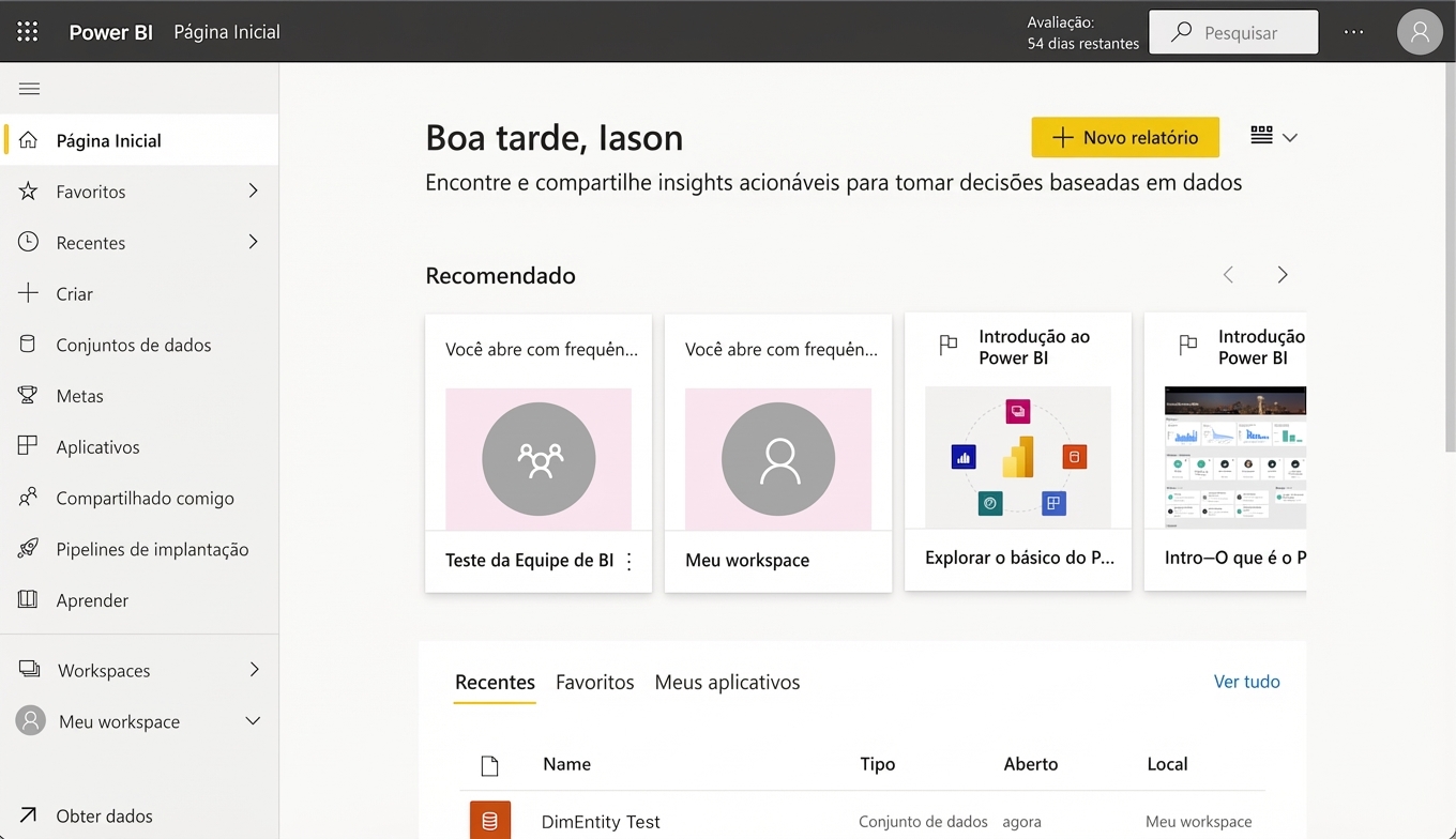 Página inicial do Power BI Service