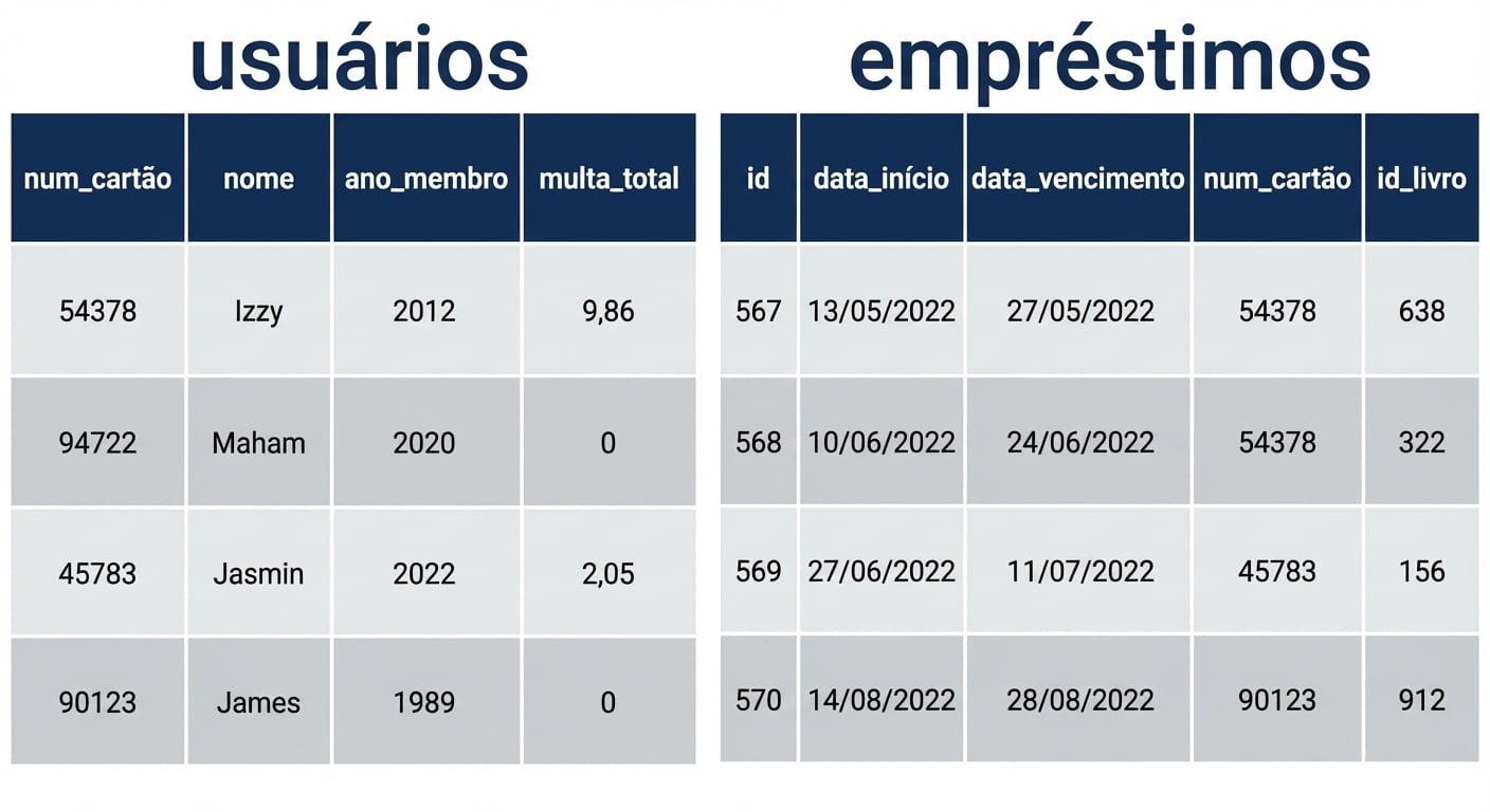 a tabela de clientes e a tabela de checkouts da base de dados da biblioteca