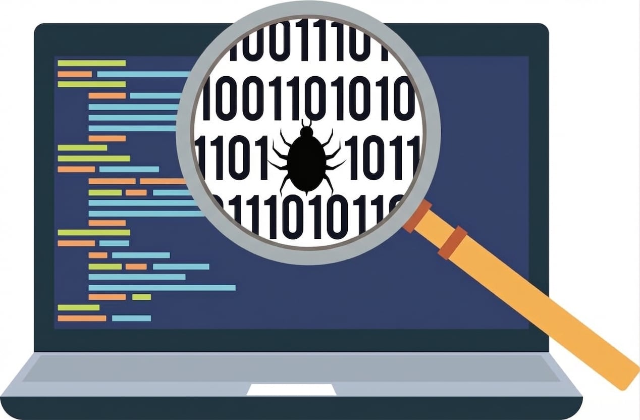 Imagem digital de um laptop e uma lupa destacando um bug no código