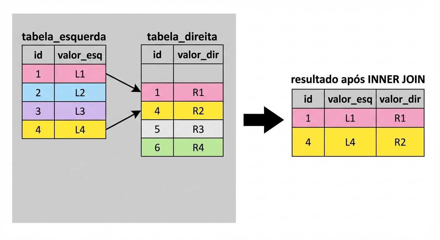 Diagrama mostrando duas tabelas: left_table e right_table. O resultado da junção das duas consultas é mostrado à direita, retornando apenas os registros com coluna id correspondente nas duas tabelas.