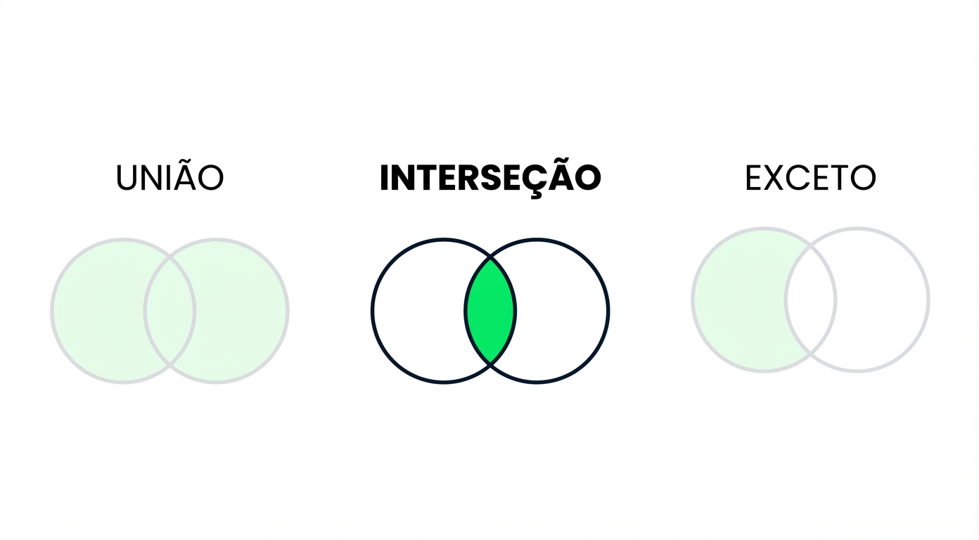 Imagem que mostra três diagramas de Venn, com dois em cinza. Somente o diagrama com INTERSECT está em foco. O diagrama com INTERSECT tem dois círculos sobrepostos, e apenas a parte sobreposta está em verde
