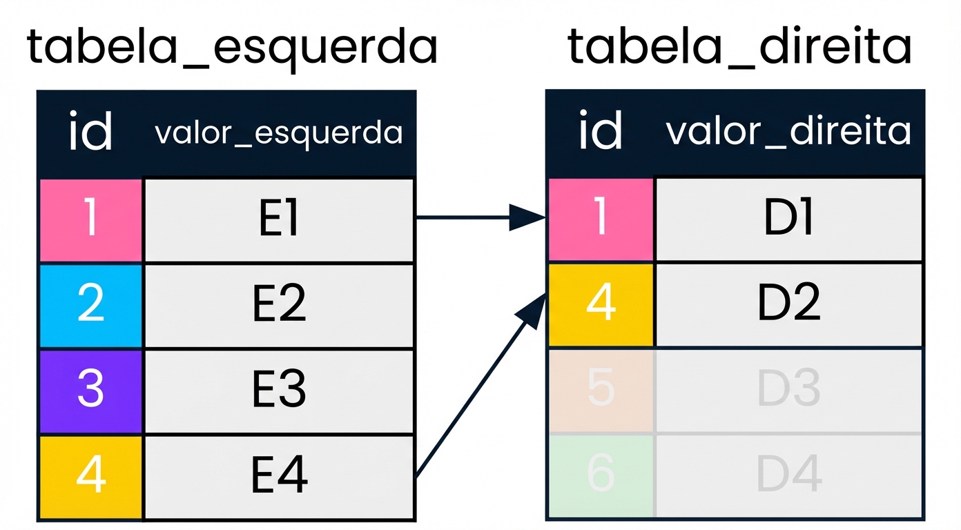 Diagrama mostrando duas tabelas, a tabela da esquerda e a da direita, com setas apontando para os registros com coluna id correspondente nas duas tabelas. Os registros que não são de interesse para a junção à esquerda estão em cinza
