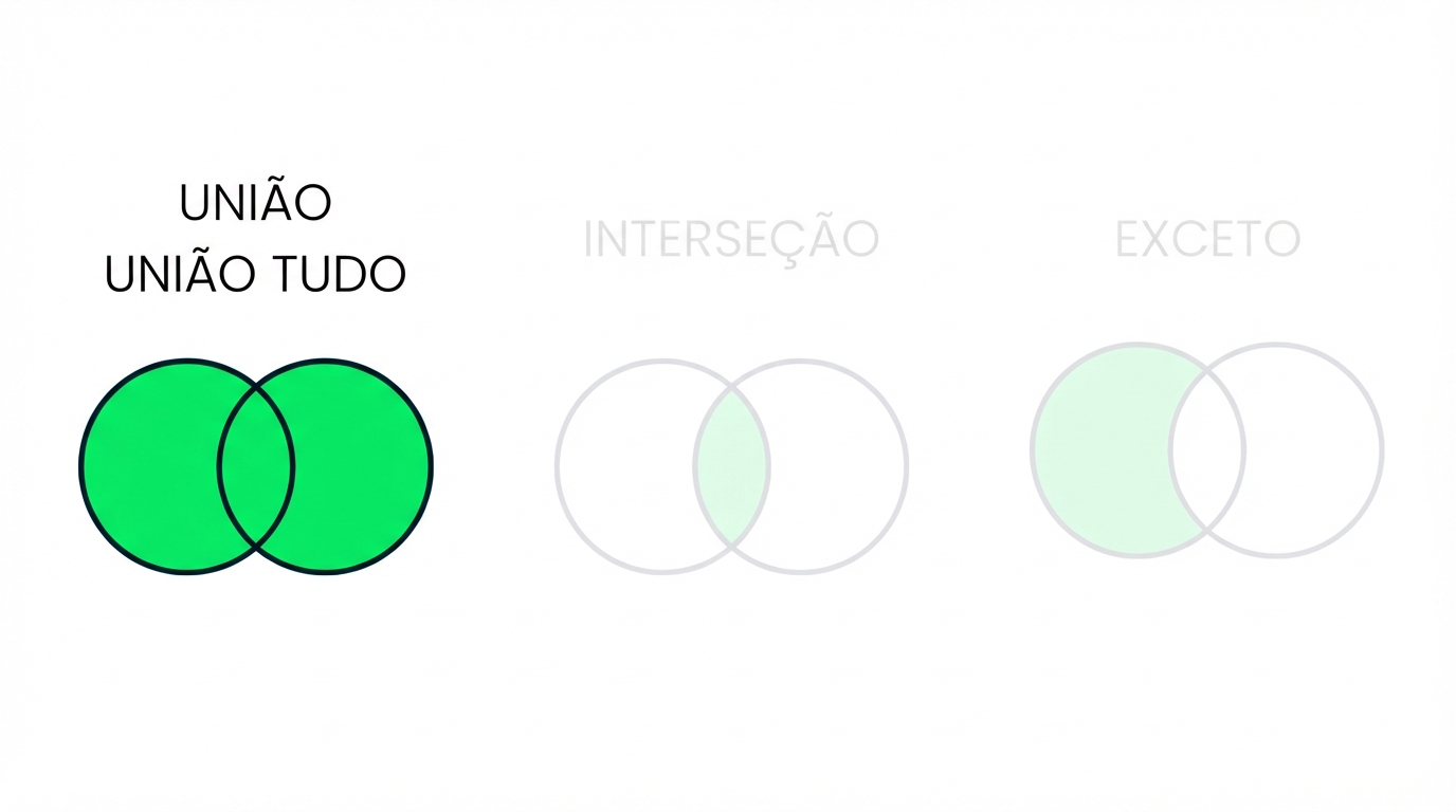 Imagem que mostra três diagramas de Venn, com dois parcialmente apagados. Somente o diagrama com UNION está em foco. O diagrama UNION tem dois círculos sobrepostos, totalmente coloridos de verde