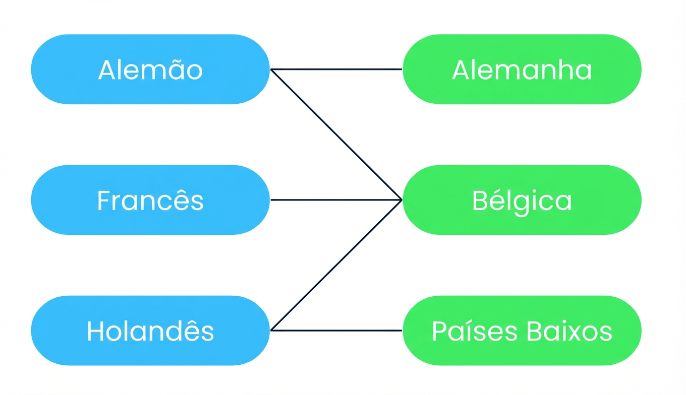 Diagrama que mostra que muitos idiomas podem ser associados a muitos países e muitos países podem ser associados a um único idioma. A Bélgica tem três idiomas oficiais: francês, alemão e holandês. Por outro lado, um idioma pode ser oficial em muitos países: o holandês é um idioma oficial da Holanda e da Bélgica, mas não da Alemanha.