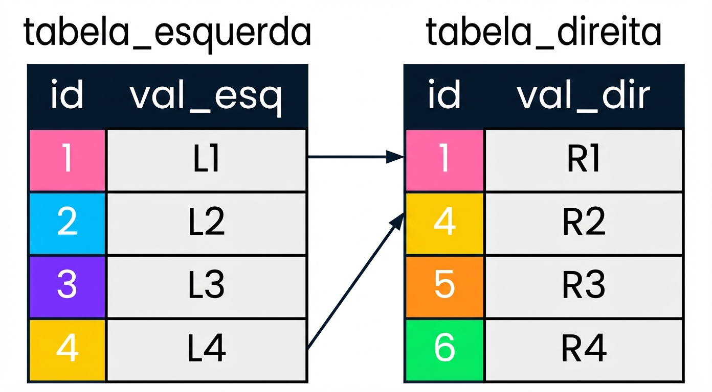 Diagrama mostrando duas tabelas: left_table e right_table. Os valores de id correspondentes na tabela da esquerda e da direita são exibidos usando as mesmas cores e estão ligados com setas