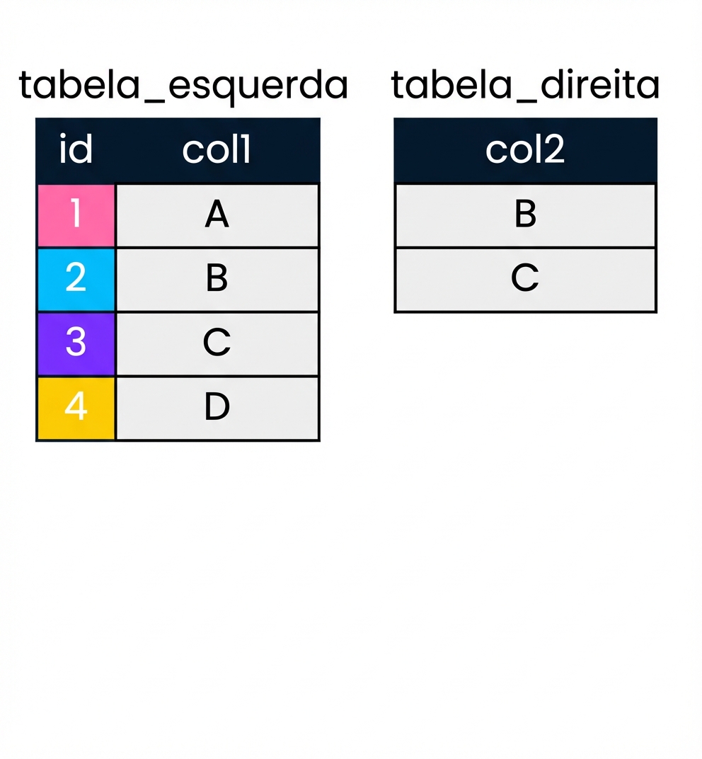Diagrama mostrando duas tabelas, left_table e right_table, que serão usadas para demonstrar uma semijunção. left_table contém duas colunas, id e col1. right_table contém apenas uma coluna, col2.