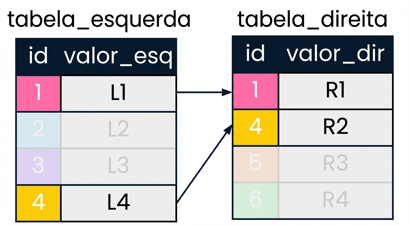 Diagrama mostrando duas tabelas: left_table e right_table. Os valores de id correspondentes na tabela da esquerda e da direita são exibidos usando as mesmas cores e ligados com setas. Os registros que não são do interesse de INNER JOIN foram ocultados.