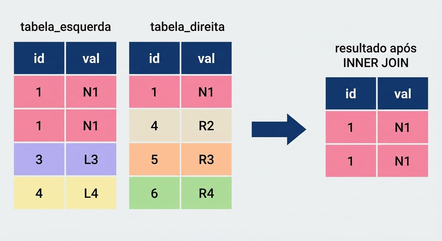 Um diagrama com duas tabelas, esquerda e direita. À direita, há uma ilustração do que acontece quando se faz um INNER JOIN nas duas tabelas.