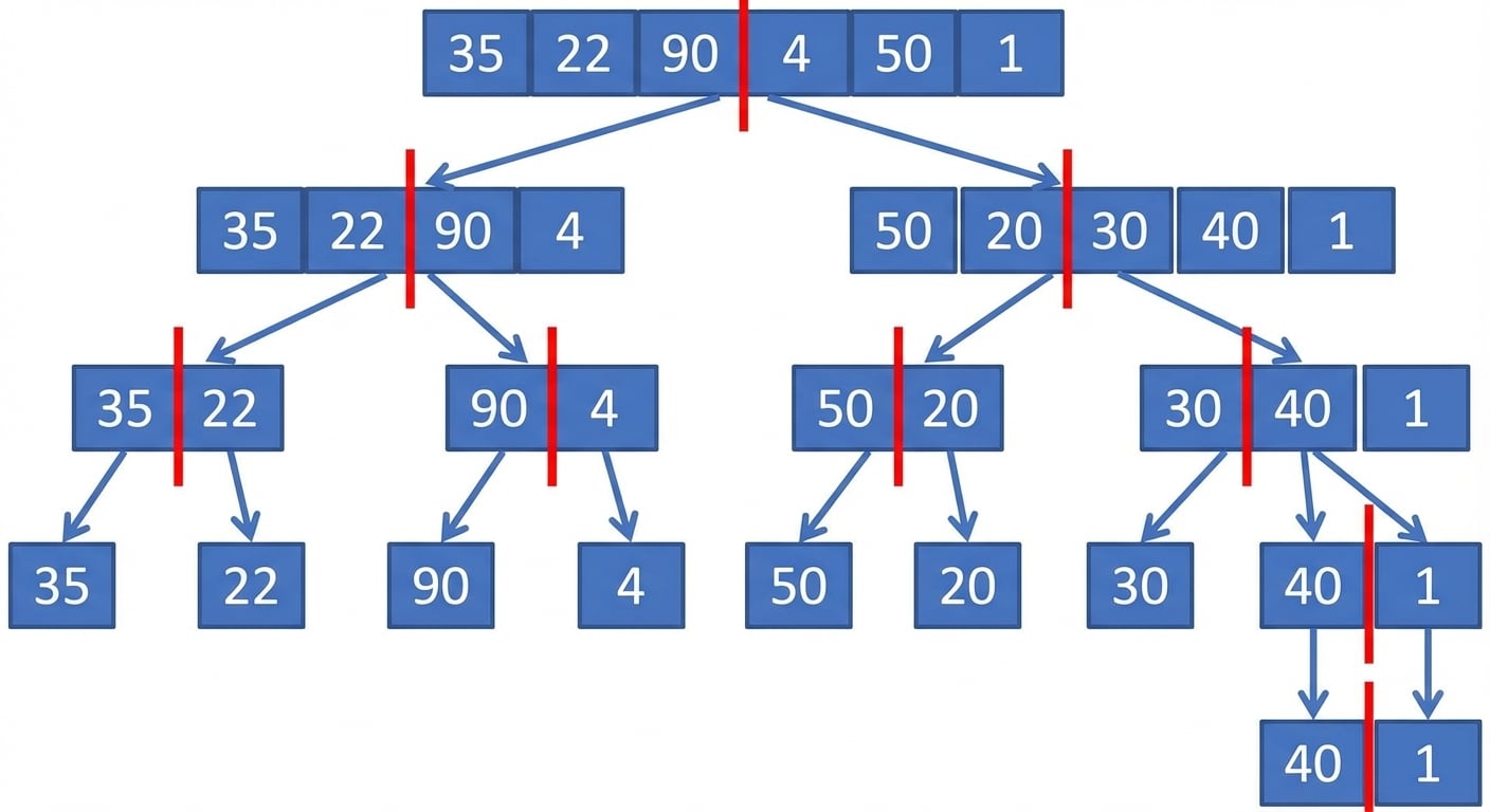 Representação esquemática de uma lista com números desordenados. As novas listas foram divididas em duas partes.