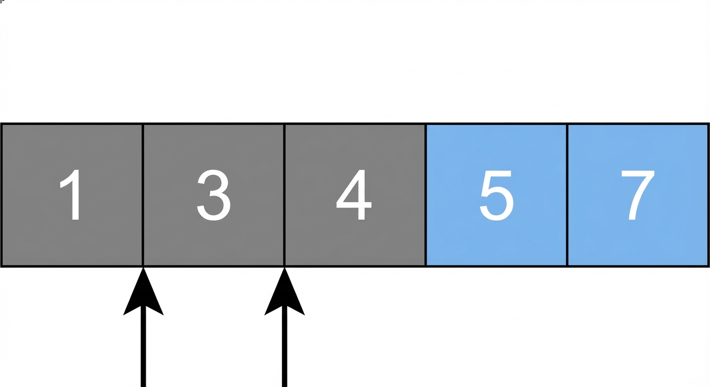 Um esquema de uma lista com números desordenados. Um ponteiro aponta para o segundo elemento e outro para o terceiro. Os dois últimos elementos estão em azul.