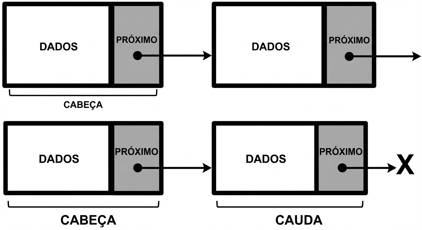A representação de uma lista ligada com a palavra "TAIL" no último nó.
