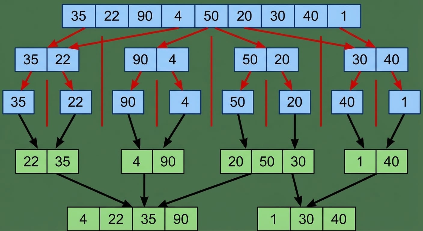 Representação esquemática de uma lista com números desordenados. Os elementos das últimas listas divididas foram mesclados e ordenados.