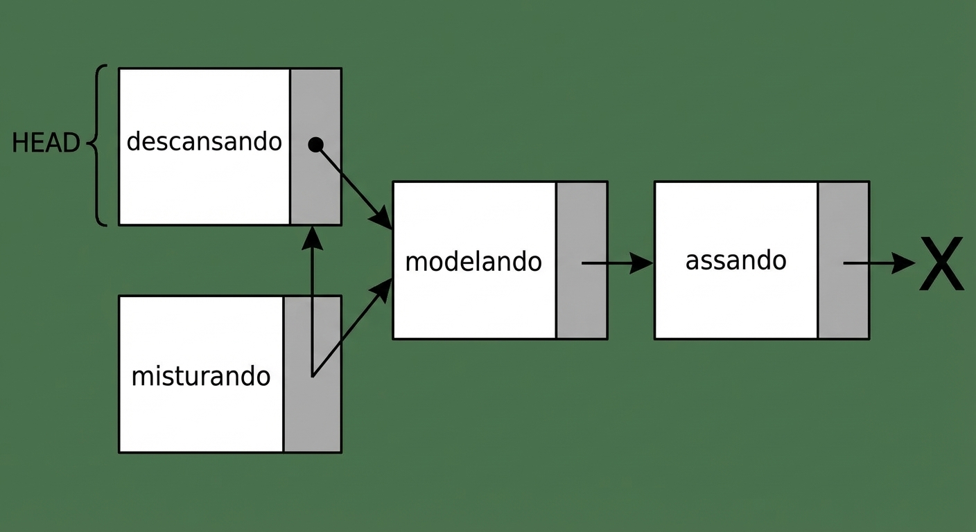 A representação de uma lista simplesmente ligada com o novo nó conectado.