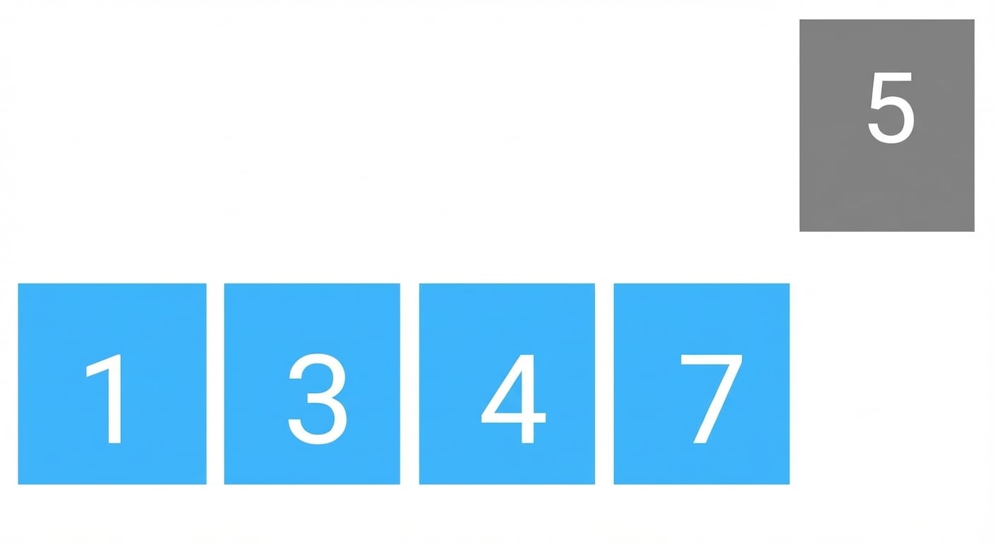 Um esquema de uma lista com números fora de ordem. O primeiro, segundo, terceiro e quarto elementos estão em azul. O quinto elemento foi elevado acima dos outros.
