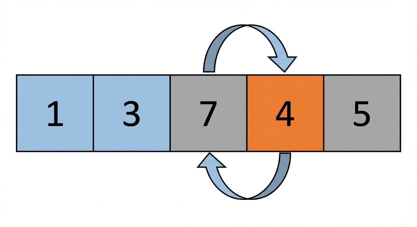 Um esquema de uma lista com números fora de ordem. O primeiro e o segundo elementos estão em azul e o quarto está em laranja. Há duas setas indicando que o terceiro e o quarto itens serão trocados.