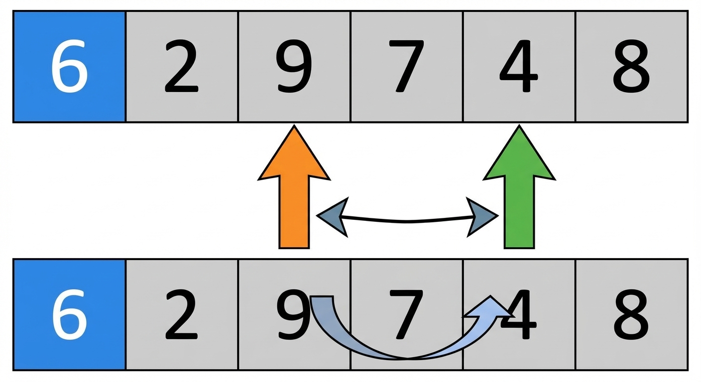 Um esquema de uma lista com números desordenados. O primeiro elemento está em azul. Há dois ponteiros. O ponteiro da esquerda aponta para o terceiro elemento e o da direita aponta para o quinto. Há duas setas indicando que o terceiro e o quinto elementos serão trocados.