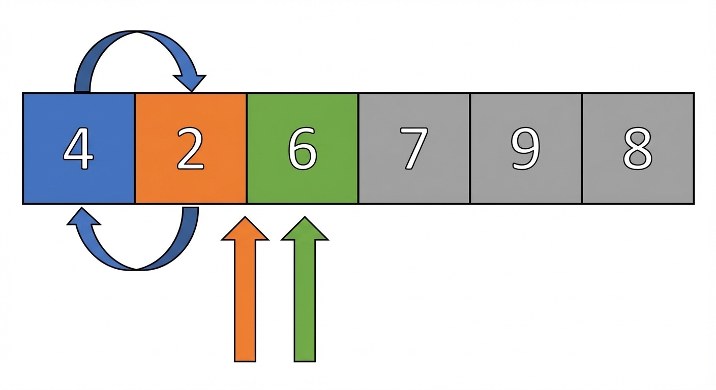 Um esquema de uma lista com números desordenados. O primeiro elemento está em azul, o segundo em laranja e o terceiro em verde. Os ponteiros esquerdo e direito apontam para o segundo elemento. Há duas setas indicando que o primeiro e o segundo serão trocados.