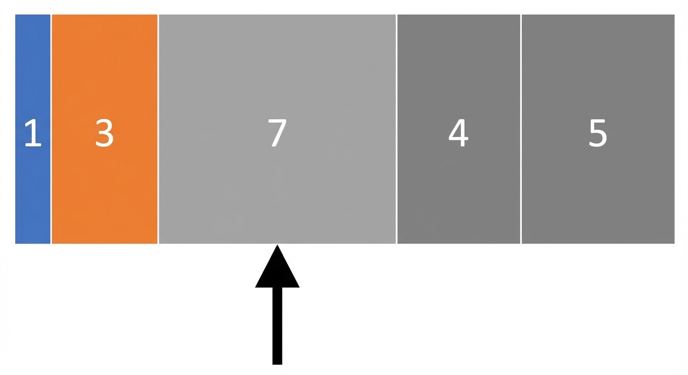 Um esquema de uma lista com números fora de ordem. O primeiro elemento está em azul e o segundo em laranja. Há um ponteiro apontando para o terceiro elemento.