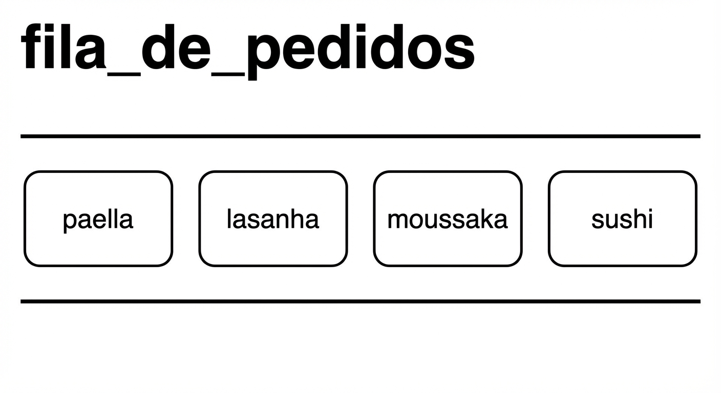 Representação esquemática de uma fila com nomes de pratos internacionais.