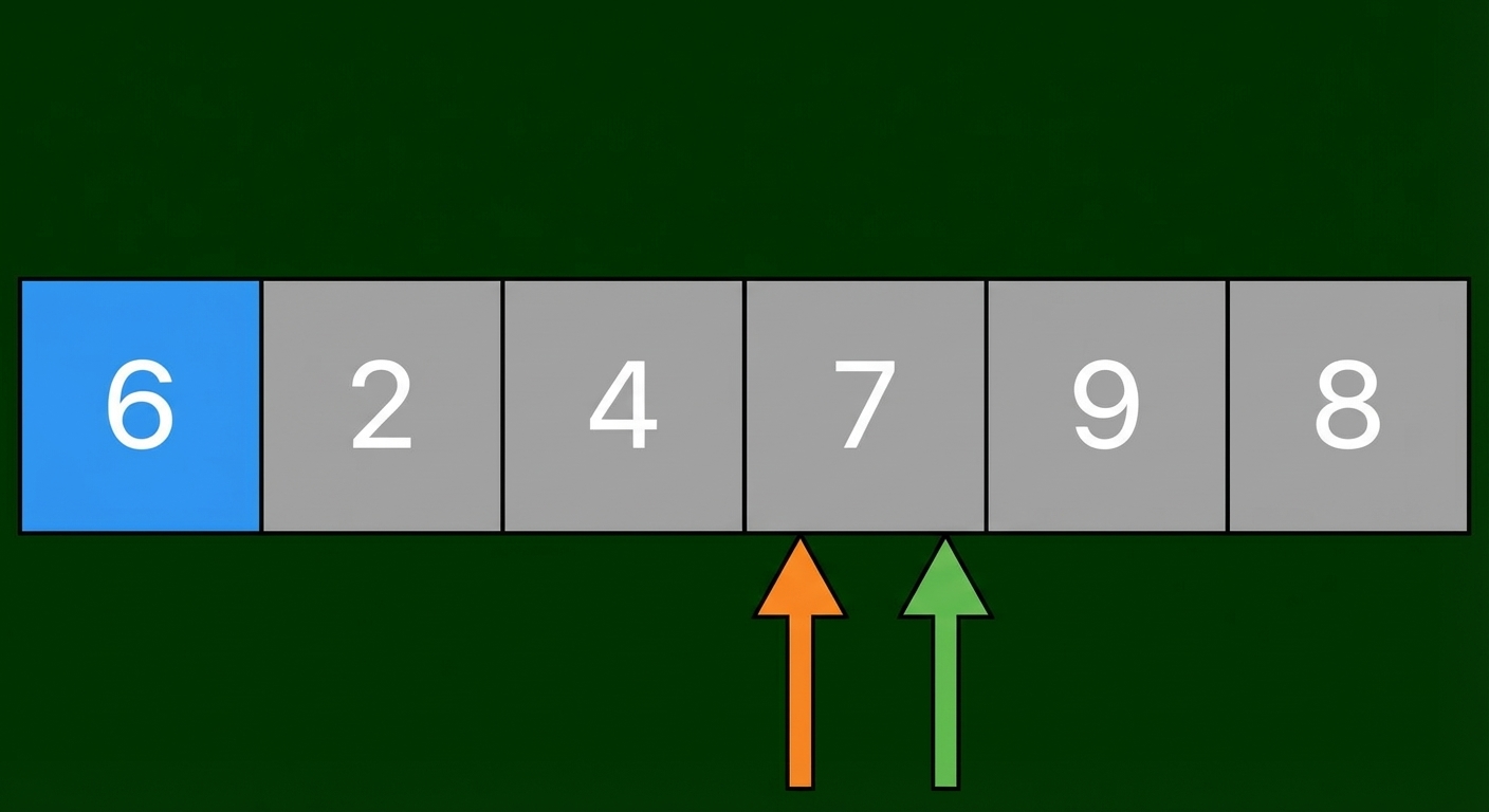 Um esquema de uma lista com números desordenados. O primeiro elemento está em azul. Há dois ponteiros. O ponteiro da esquerda aponta para o quarto elemento e o da direita para o quarto elemento.
