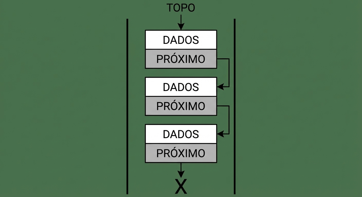 Uma pilha representada como lista encadeada com a palavra "TOP" apontando para o topo da pilha.