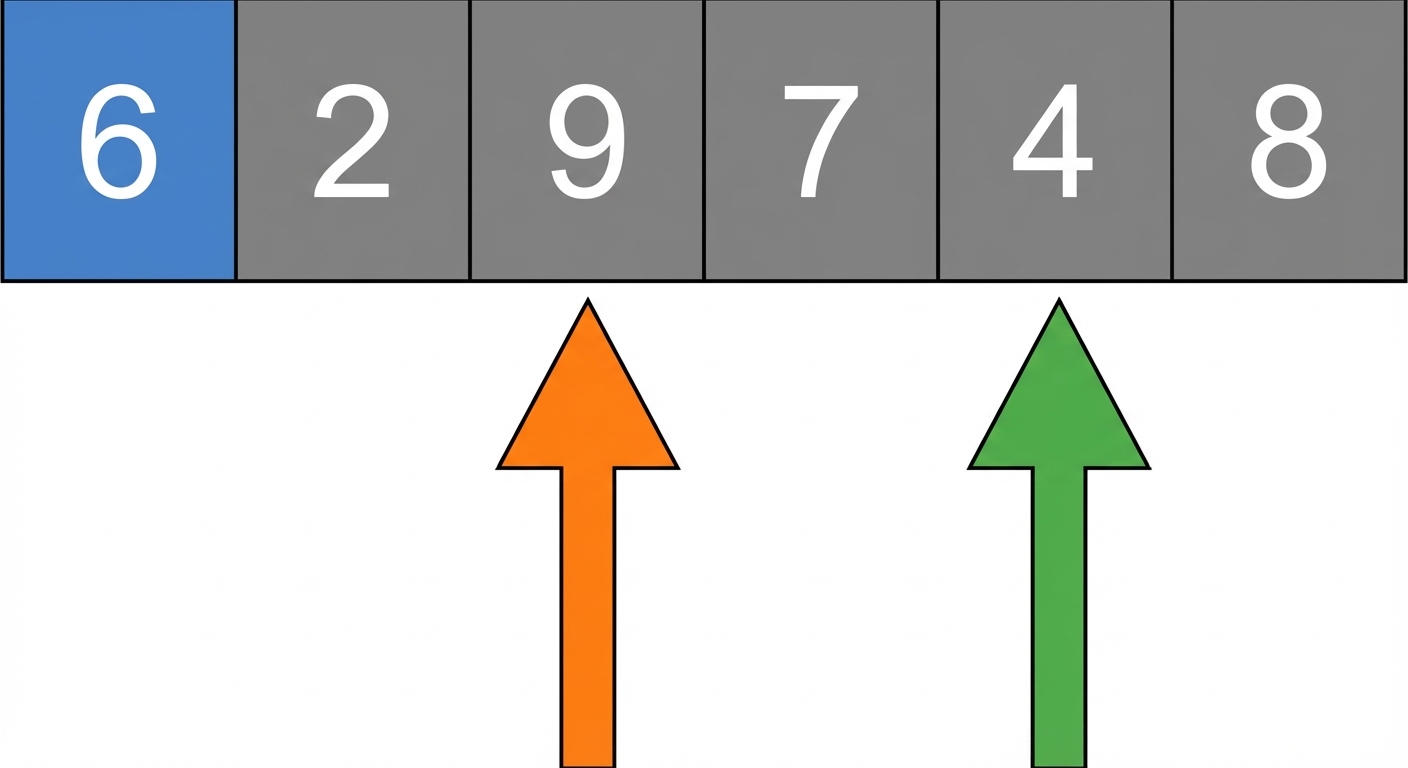 Um esquema de uma lista com números desordenados. O primeiro elemento está em azul. Há dois ponteiros. O ponteiro da esquerda aponta para o terceiro elemento e o da direita aponta para o quinto.