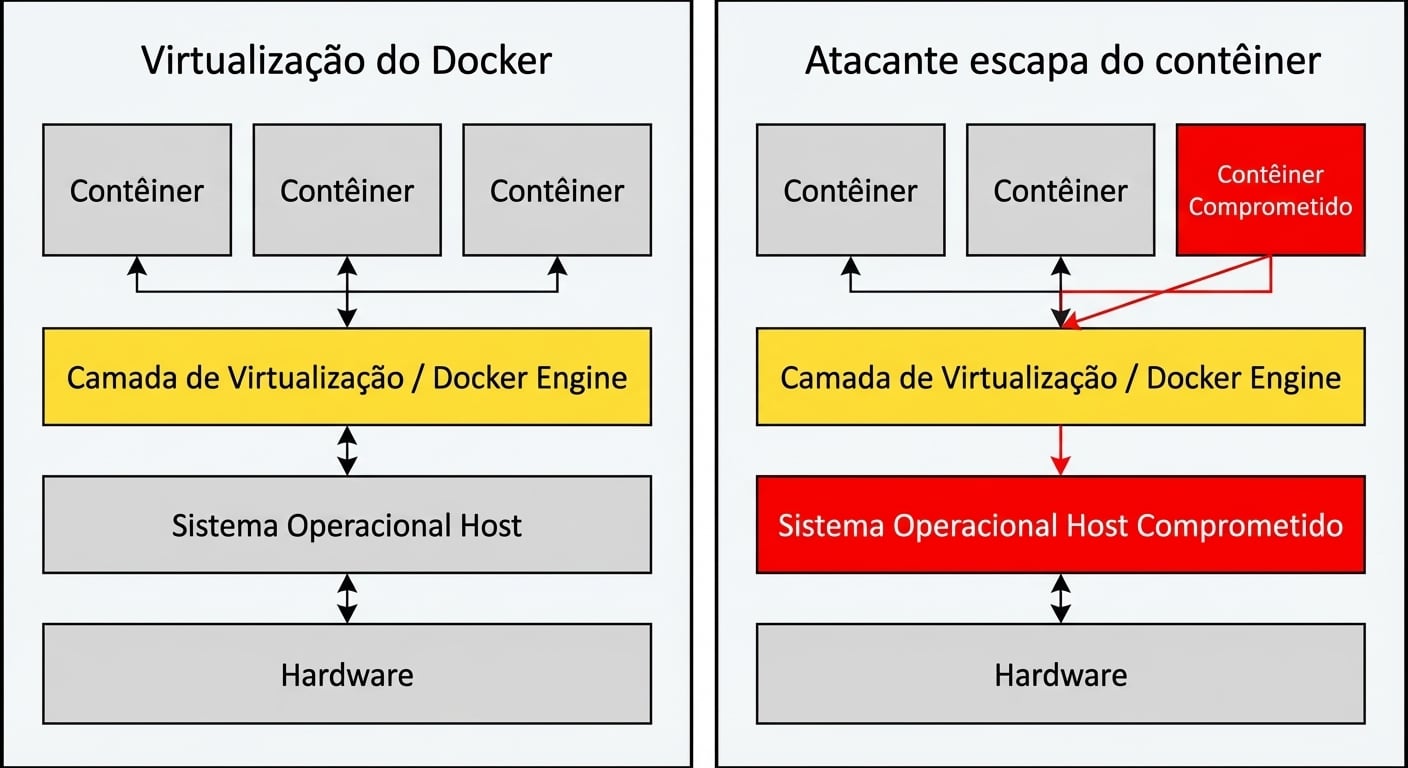 Um container comprometido pode acessar o host se escapar da camada de virtualização.