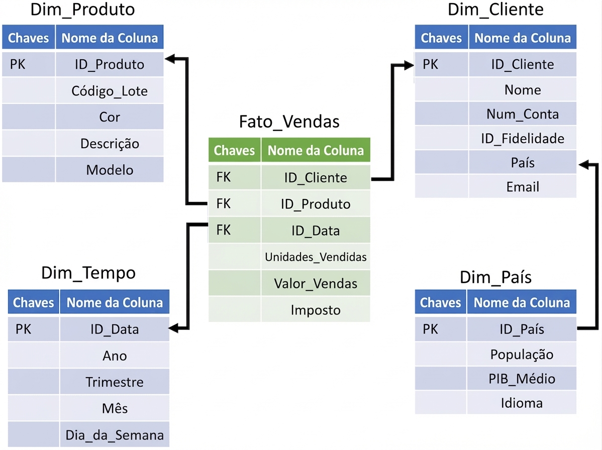 imagem de uma tabela central de pedidos de vendas cercada por tabelas de dimensão de produto, cliente, tempo e uma tabela de país conectada ao cliente