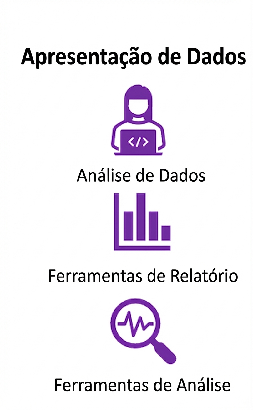 imagem de um ícone de pessoa no computador, um ícone de relatório e um ícone de lupa